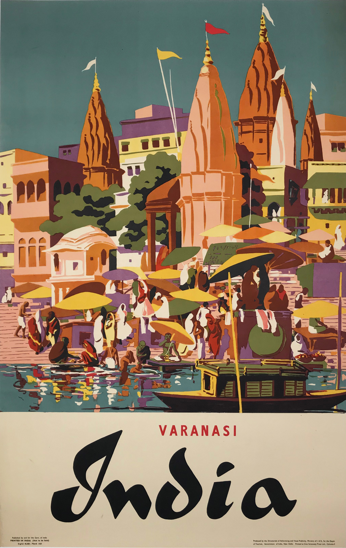  India Varanasi (Banaras) Original 1959 Vintage Travel Advertisement Poster by Sree Saraswaty Ltd. Linen Backed. Indian advertisement for a great tourism destination.