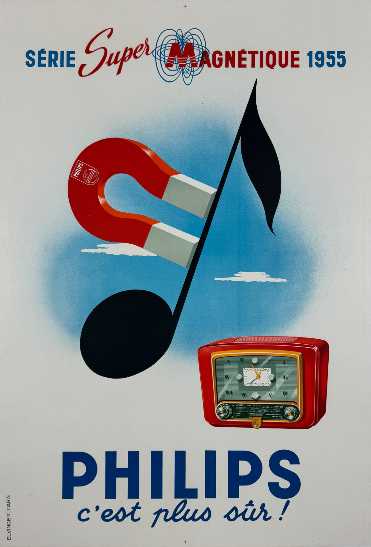 Philips Radio Serie Super Magnetique Poster By Elvinger Original 1955 Vintage French Radio Lithograph Advertisement Linen Backed.