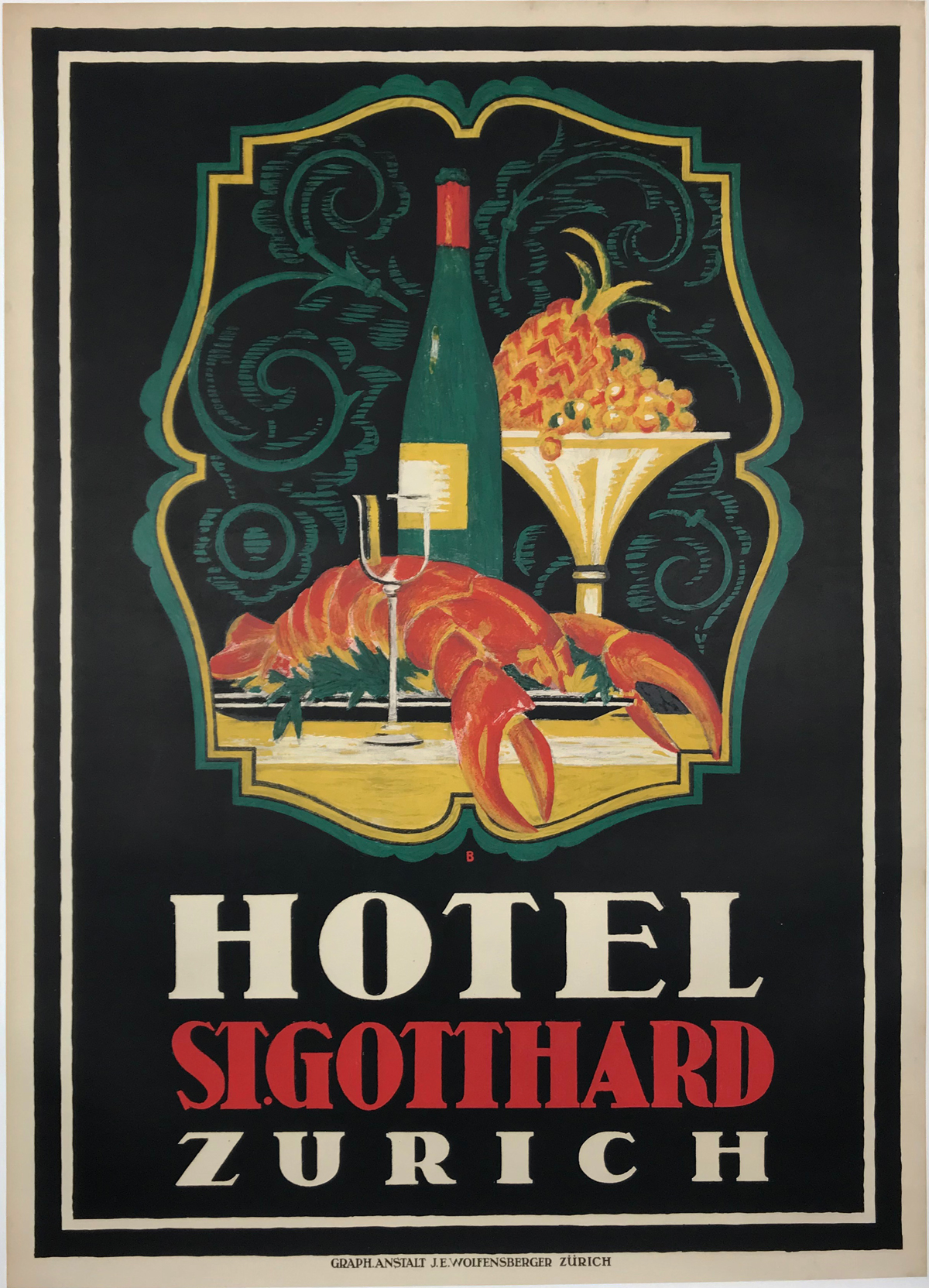 Hotel St. Gotthard Zurich by Otto Baumberger Original 1917 Vintage Swiss Stone Lithograph Advertising Poster Linen Backed.