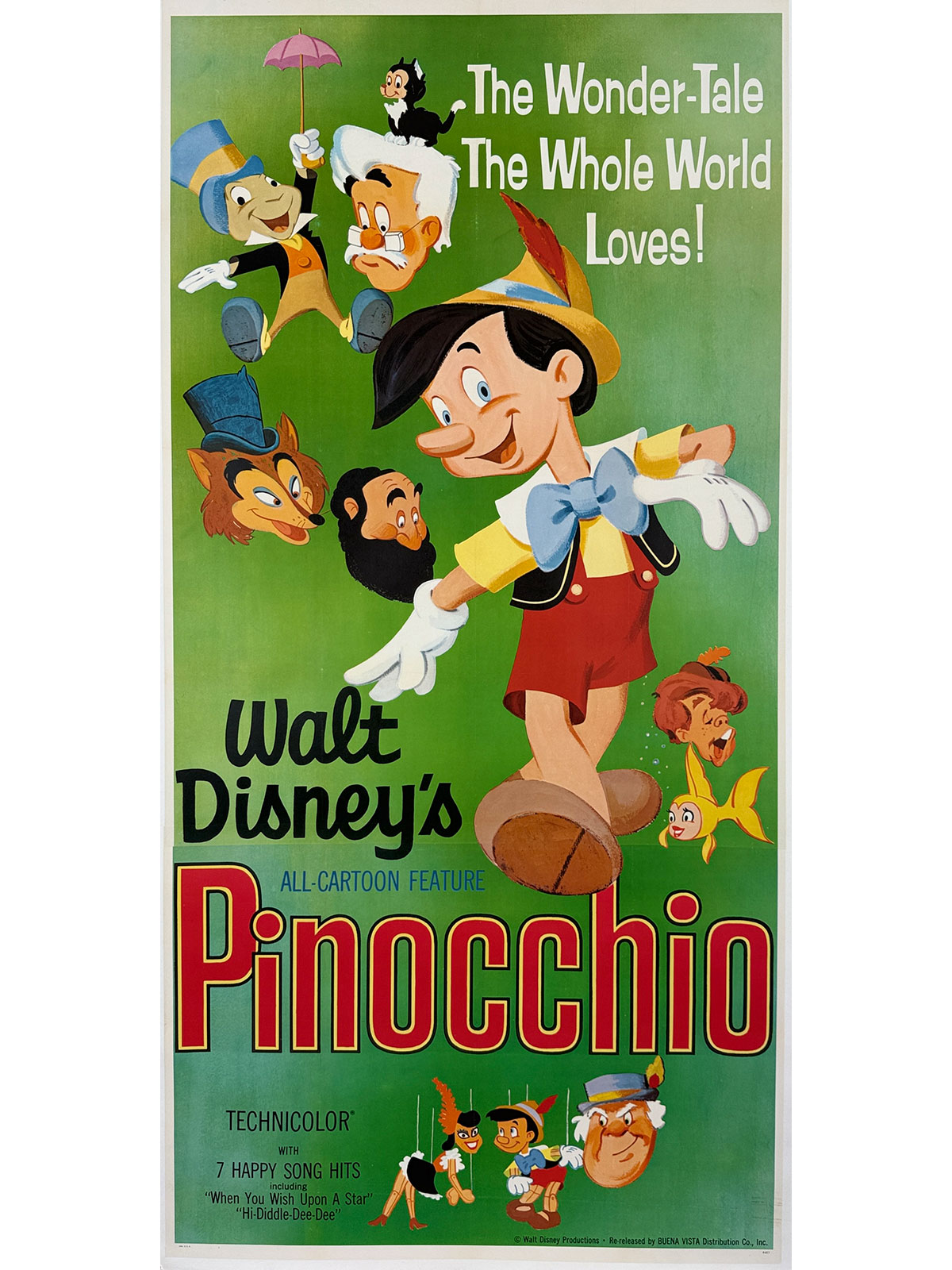 Walt Disneys Pinocchio Movie Poster Original 1962 USA Theatrical Use Animation Film Lithograph Linen Backed.