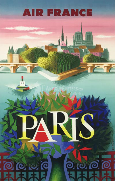 Air France to Paris original vintage travel poster from 1957 by Nathan. Great mid century modern design for famous air travel campaign.