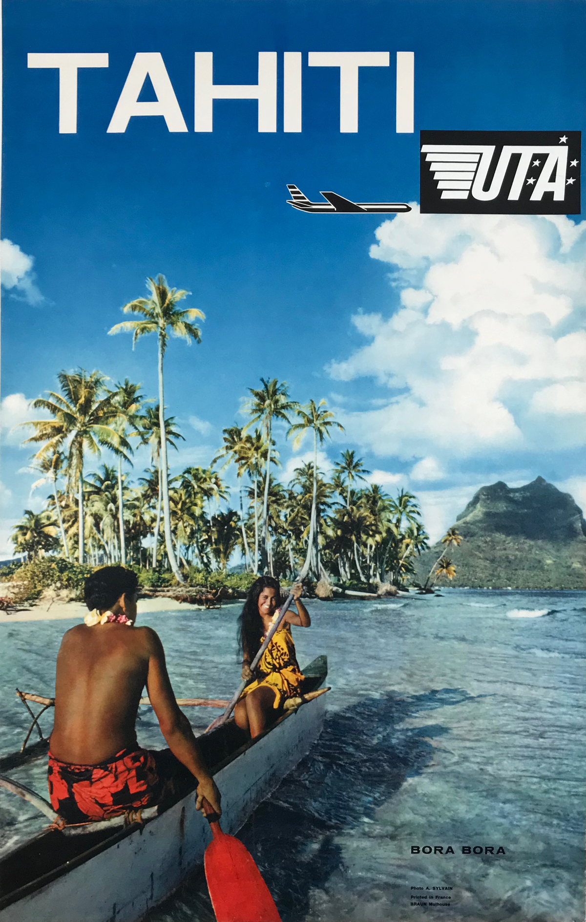 Tahiti UTA Bora Bora Photo by Sylvain Original 1963 Vintage French Printed Airline Travel Advertisement Poster Linen Backed. UNION des TRANSPORTS AERIENS Airlines to Polynesia .....