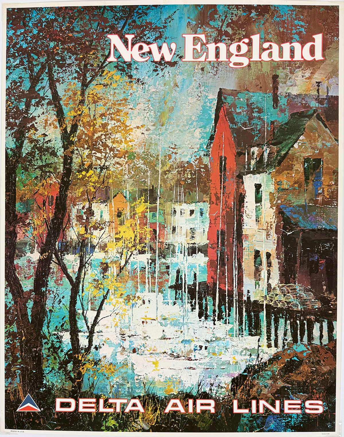 Delta Air Lines New England Poster By Jack Laycox Original 1976 Vintage USA Passenger Plane Travel Lithograph Advertisement.