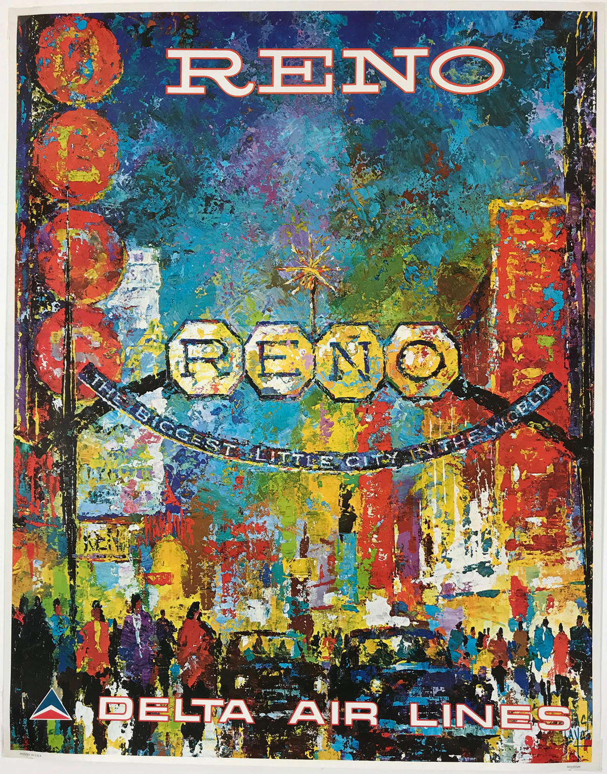 Delta Air Lines Reno by Jack Laycox Original 1976 Vintage American Passenger Airline Travel Advertisement Lithograph Poster.