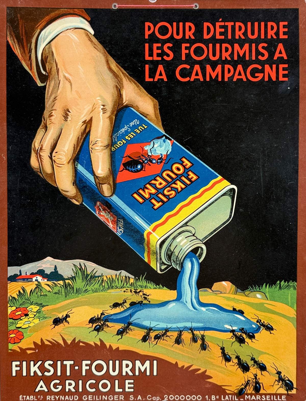Fiksit Fourmi Agricole Poster Original 1938 Vintage French Ant Killer Store Display Stone Lithograph Advertisement On Carton.