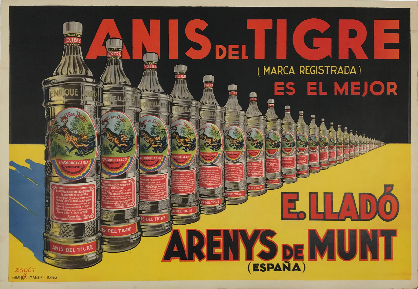 Anis Del Tigre (Espana) by Zsolt Original 1930 Vintage Spanish Absinthe Advertisement Lithograph Poster Linen Backed. Hand Stone Lithograph  Art Deco Poster Linen Backed.  