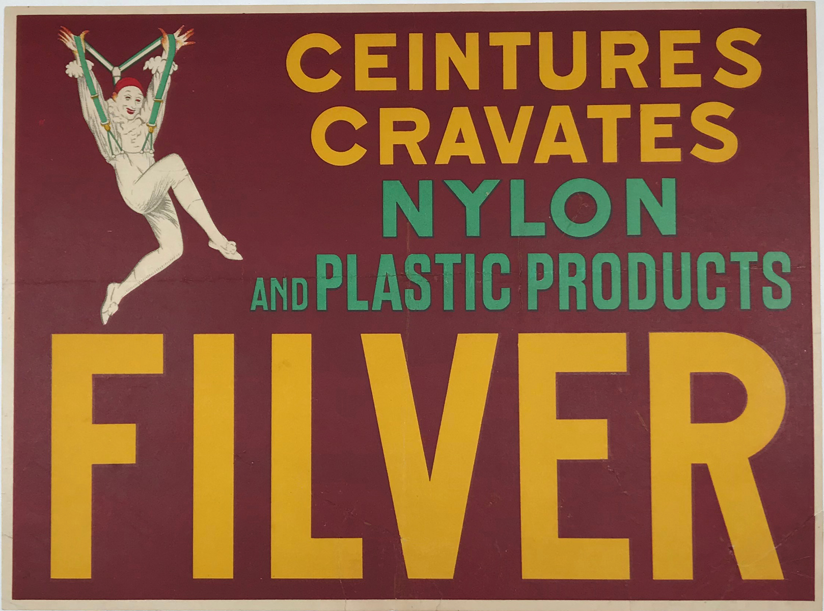 Filver Nylon and Plastic Products by D'Ylen Original 1934 Vintage French Suspender Company Advertising Stone Lithograph Poster Linen Backed.