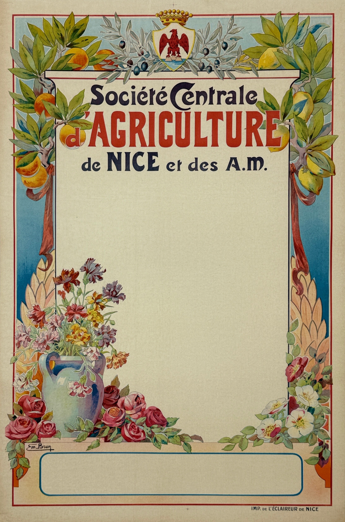 Societe Centrale d'Agriculture de Nice Poster by EM Brun. Original 1918 Vintage French Stone Lithograph Society Anouncement  Advertisement Linen Backed.