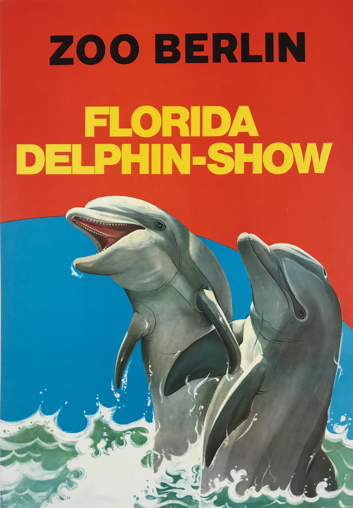 Zoo Berlin Florida Dolphin Show Original 1972 Vintage German Zoo Advertisement Travel Poster Linen Backed. 