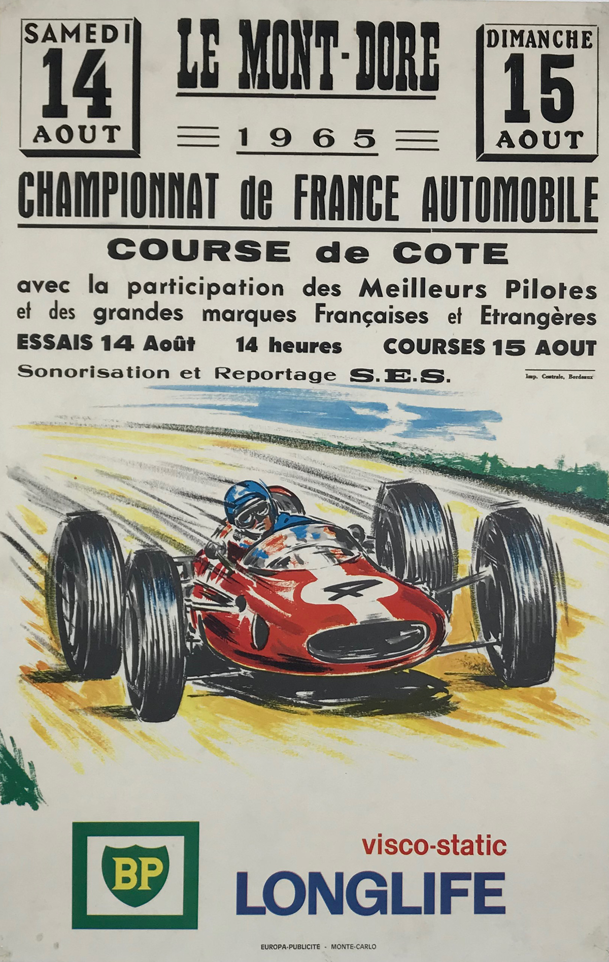 Championnat de France Automobile Course de Cote Le Mont Dore Original 1965 Vintage French Car Racing Advertisement Poster Linen Backed.