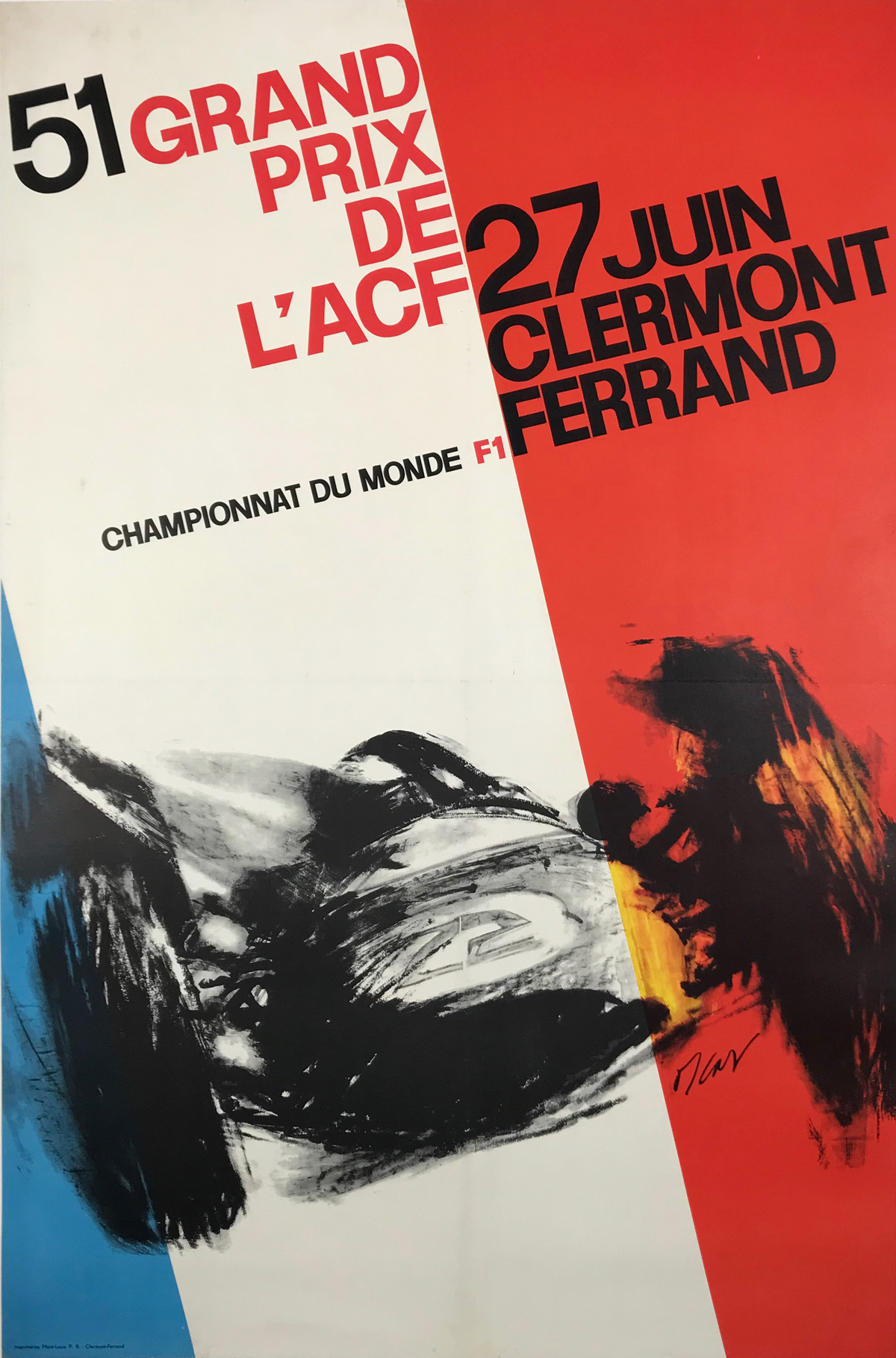 51 Grand Prix De L'Acf Championat Du Monde F1 Clermont Ferrand Original 1965 Vintage French Car Racing Advertisement Poster Linen Backed. 