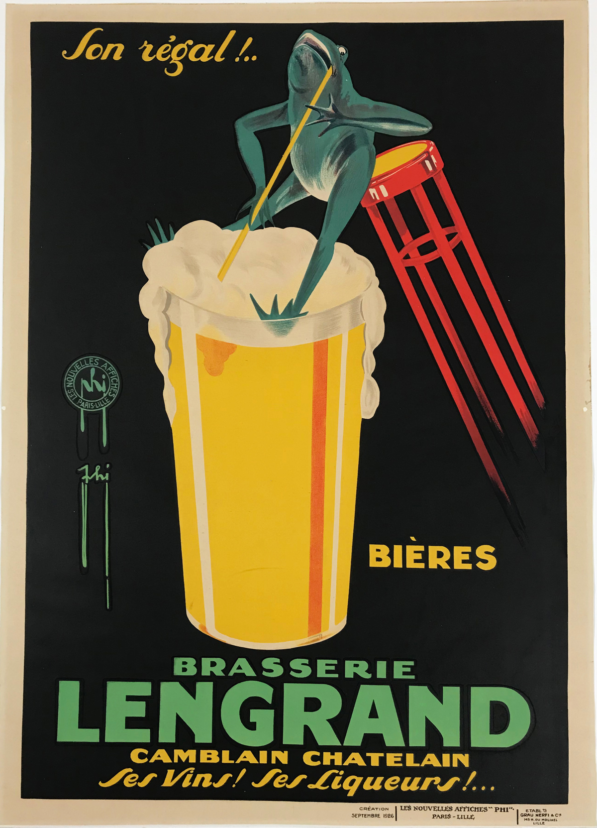 Brasserie Lengrand Bieres by Phi Original 1926 Vintage French Brewery Advertisement Stone Lithograph Poster Linen Backed. French Beer Features a Frog on a Red Stool at the Rim of a Beer Glass Drinking Through a Straw.