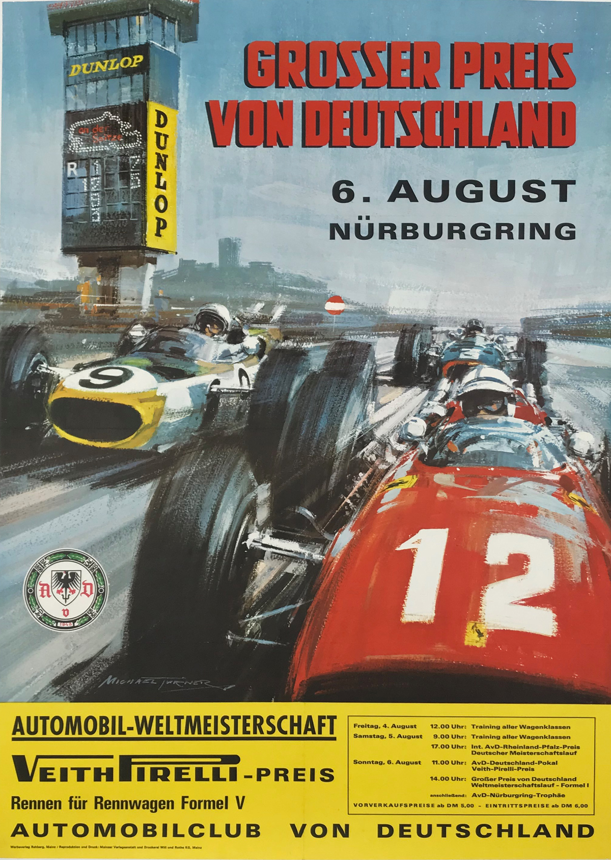 Grosser Preis Von Deutschland Nurburgring by Michael Turner Original 1966 Vintage German Car Racing Advertisement Poster Linen Backed. F1 Grand Prix of Germany