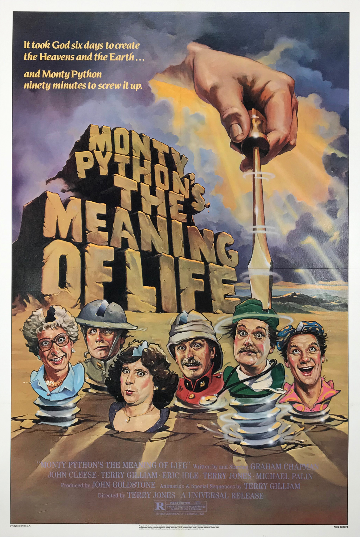 Monty Pythons The Meaning Of Life by Bill Garland Original 1983 Vintage American Theatrical Release Style "A" One Sheet Folded Movie Advertisement Poster Linen Backed.