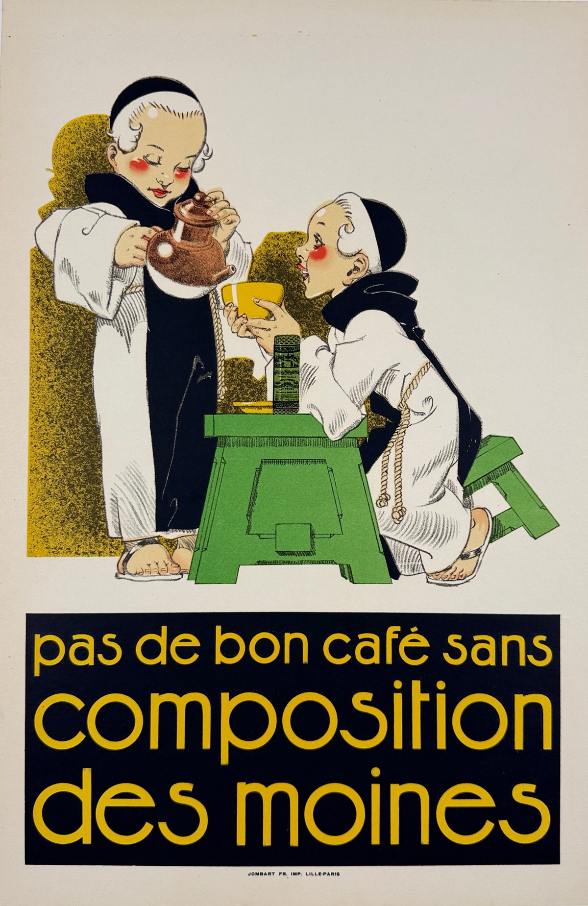 Composition Des Moines Cafe Poster By Rene Vincent Original 1926 Vintage French Coffee Company Stone Lithograph Advertisement Linen Backed. "no good coffee without composition of monks"