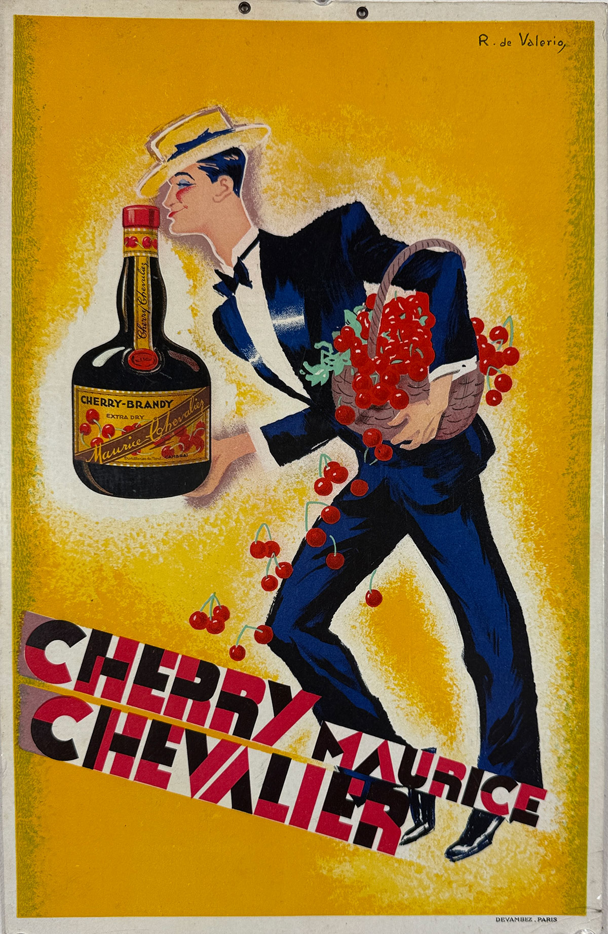 Cherry Maurice Chevalier Brandy Poster By Roger De Valerio Original 1930 Vintage French Store Display Liquer Lithograph Advertisement on Carton.