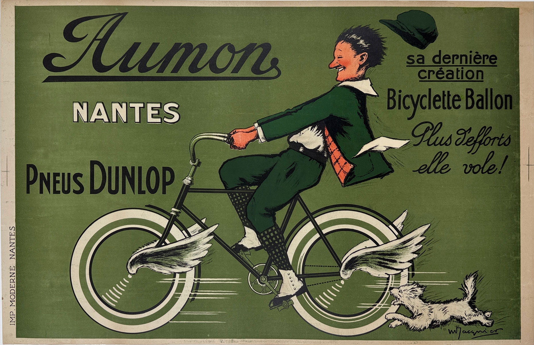 Pneus Dunlop Aumon Poster Original 1920 Vintage French Bike Tire Company Stone Lithograph Advertisement Linen Backed. Creators of tires with air inside. "Ballon"