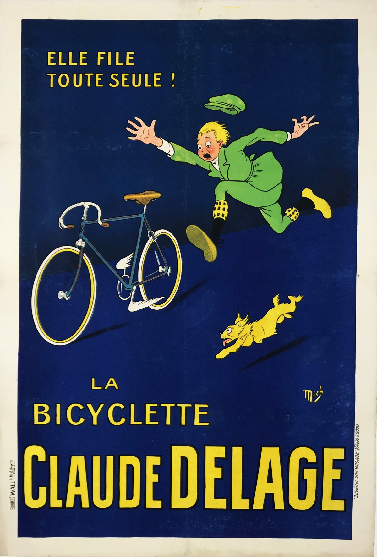 A La Bicyclette Claude Delage by Mich Original Vintage French Cycling Advertisement Poster Linen Backed. 