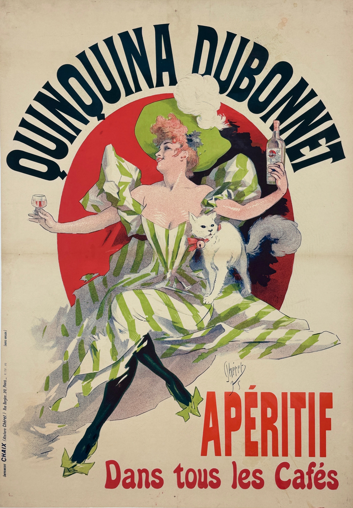 Quinquina Dubonnet Aperitif Poster by Jules Cheret Original 1895 Vintage French Wine Advertisement  Antique Stone Lithograph Linen Backed. "Dubonnet Dans Tous Les Cafes"