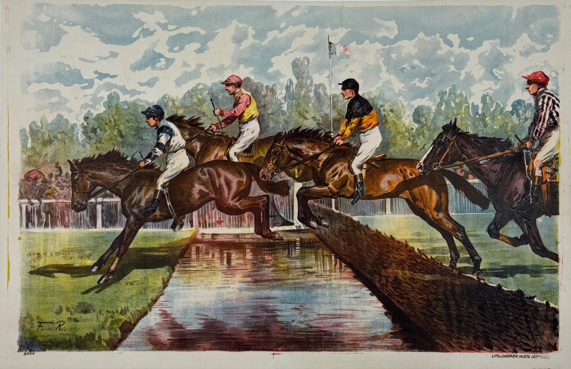 Courses Hippiques Chevaux Poster Signed F.R. Original 1900 Antique Wien Austria Horse Race Decorative Stone Lithograph Panel Linen Backed.