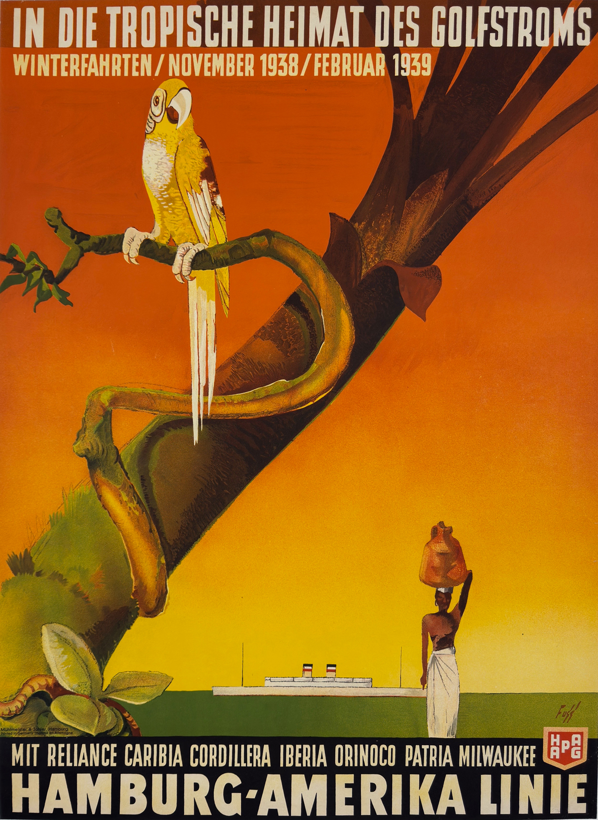 Hamburg Amerika Line Poster by Albert Fuss Original 1938 Vintage German Passenger Boat Cruise Line Travel Advertisement Stone Lithograph Linen Backed. "To the tropical home of the gulf stream"