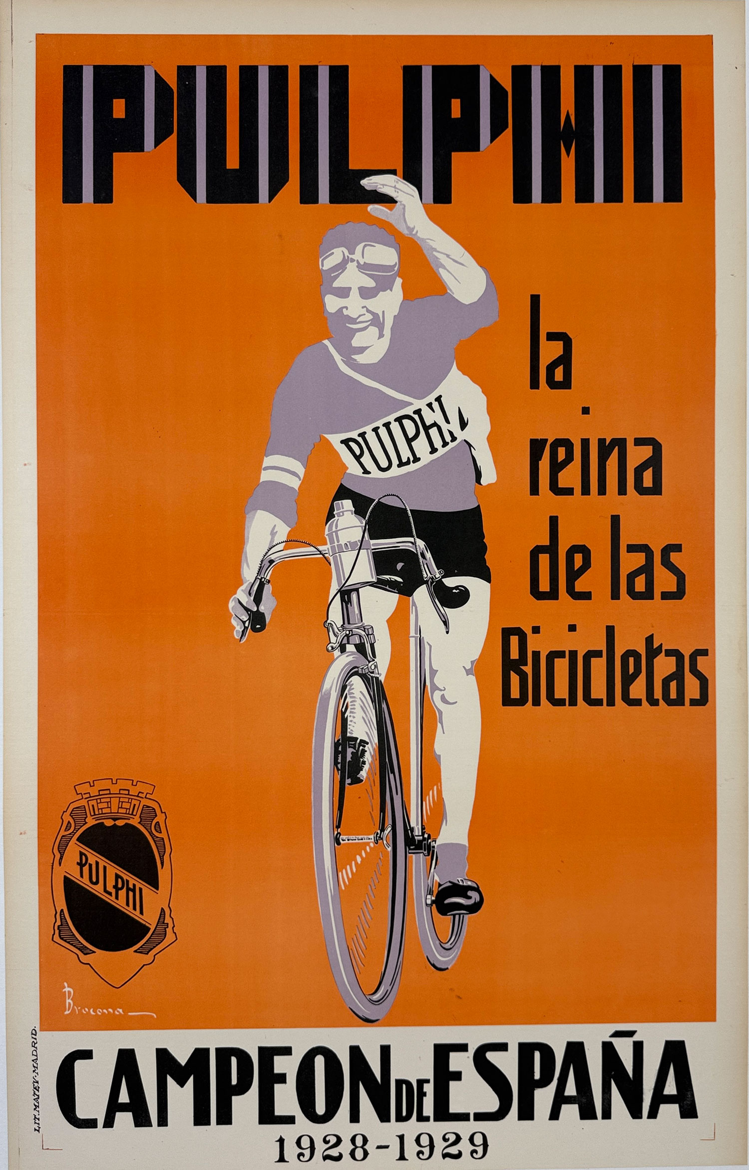 Pulphi Cycles Campeon De Espana Poster by Brocona Original 1929 Vintage Spanish Bicycle Advertisement Linen Backed.