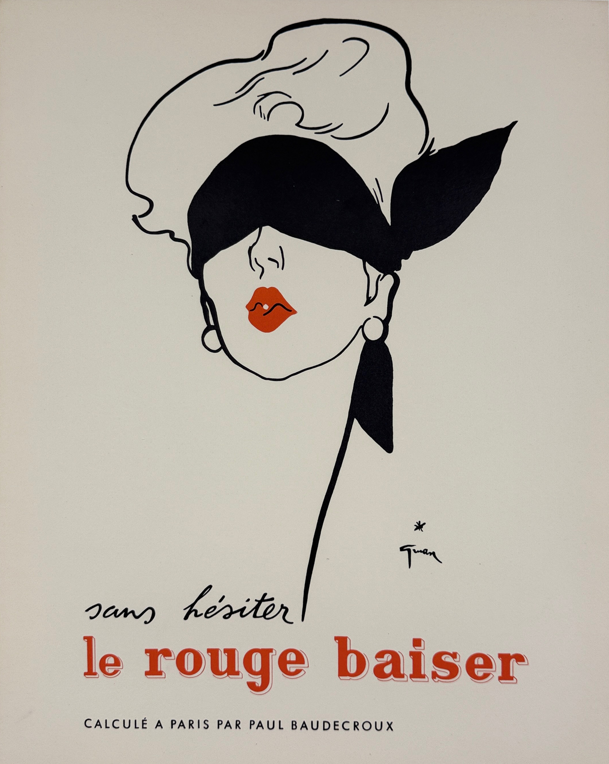 Le Rouge Baiser Poster By Rene Gruau Original 1949 Vintage French Cosmetic Lithograph Advertisement Linen Backed.