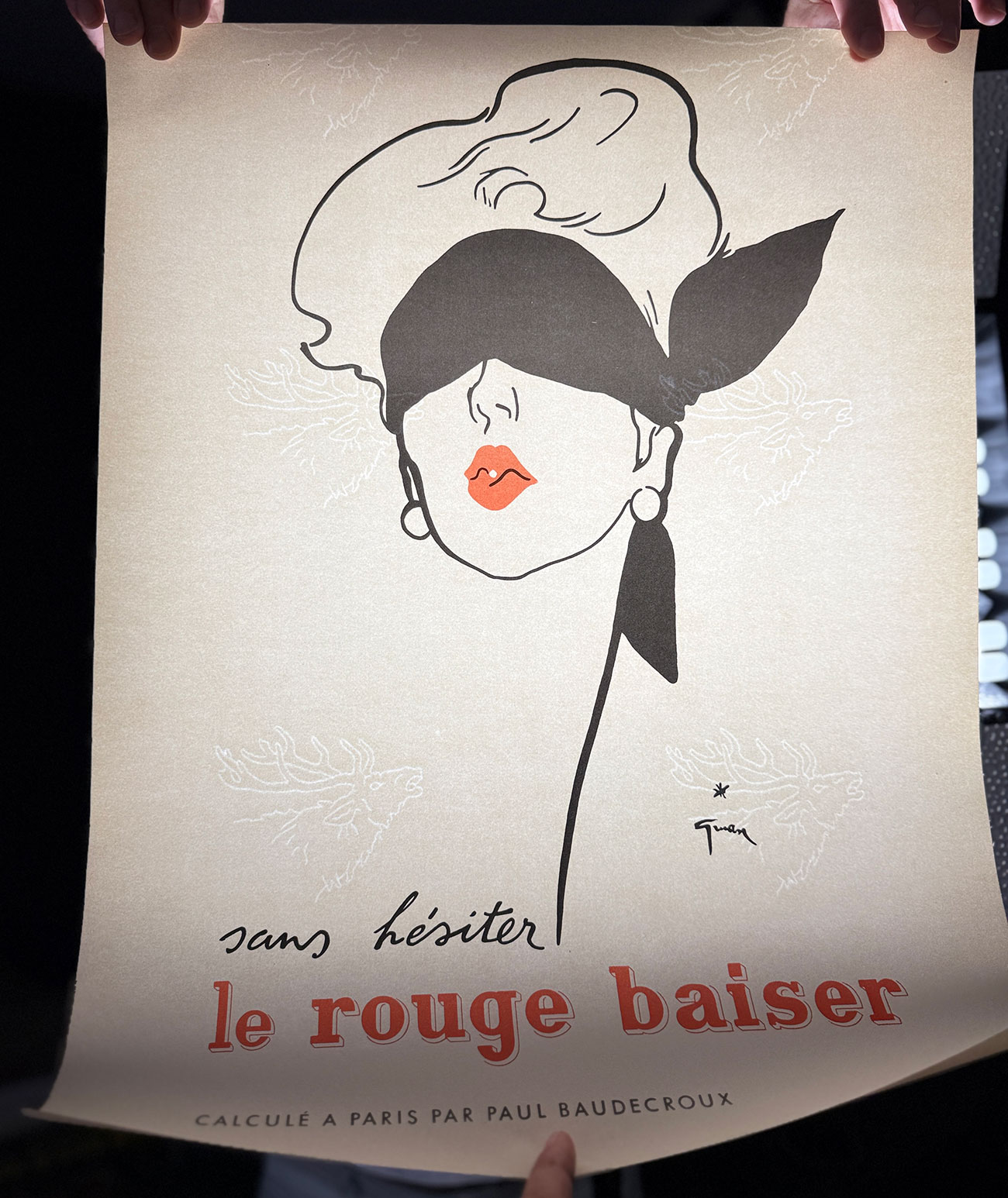 Le Rouge Baiser Poster By Rene Gruau Original 1949 Vintage French Cosmetic Lithograph Advertisement.   Real deal first printing evidenced by printing house embelm in the paper