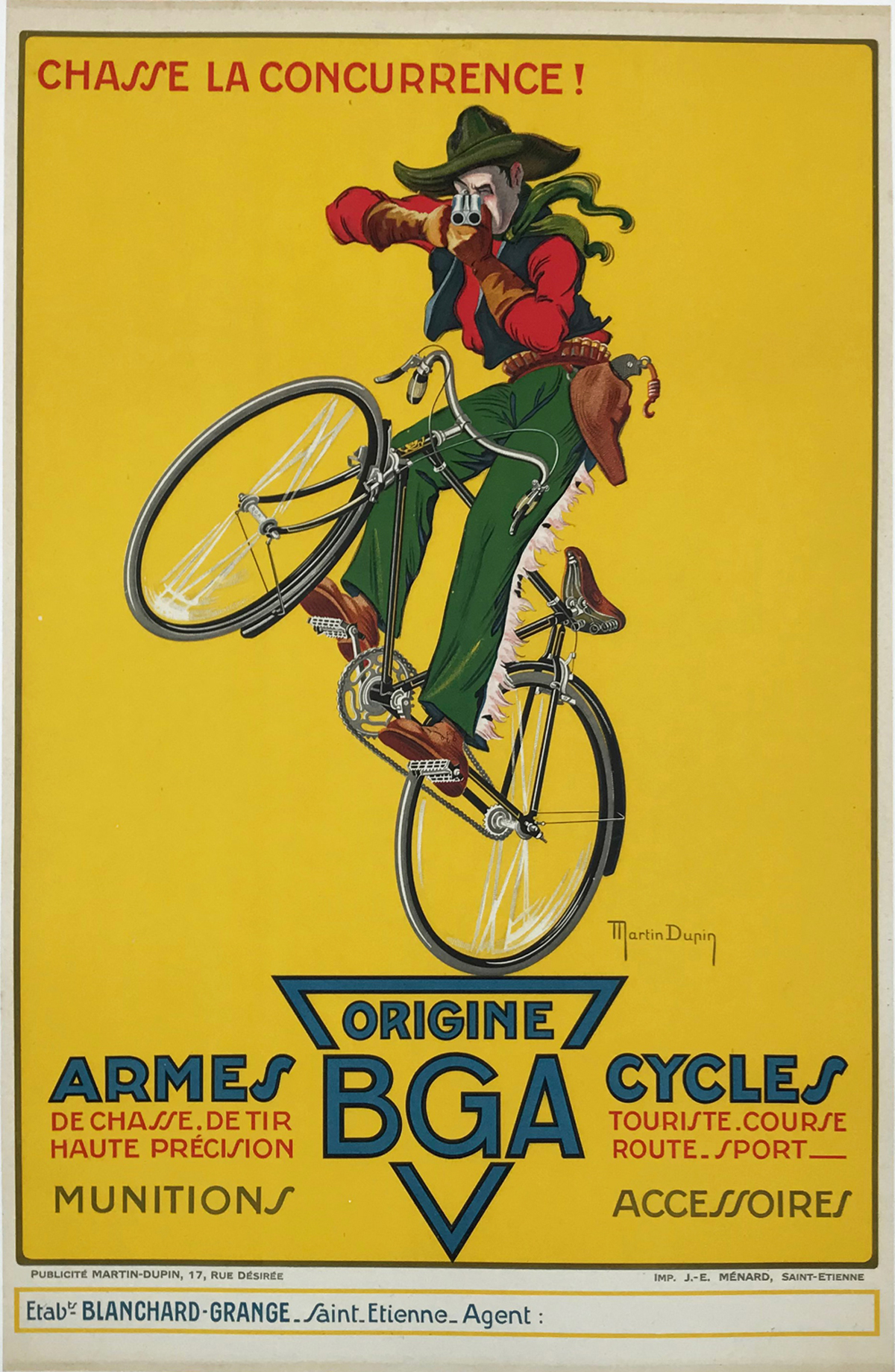 BGA Armes Cycles by Martin Dupin Original 1930 Vintage French Bicycle Advertisement Stone Lithograph Poster Linen Backed. 