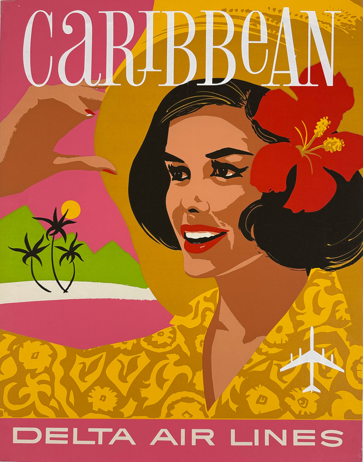 Delta Air Lines Caribbean by Hardy Original 1962 Vintage American Passenger Airline Travel Advertisement Silk Screen Lithograph Poster.
