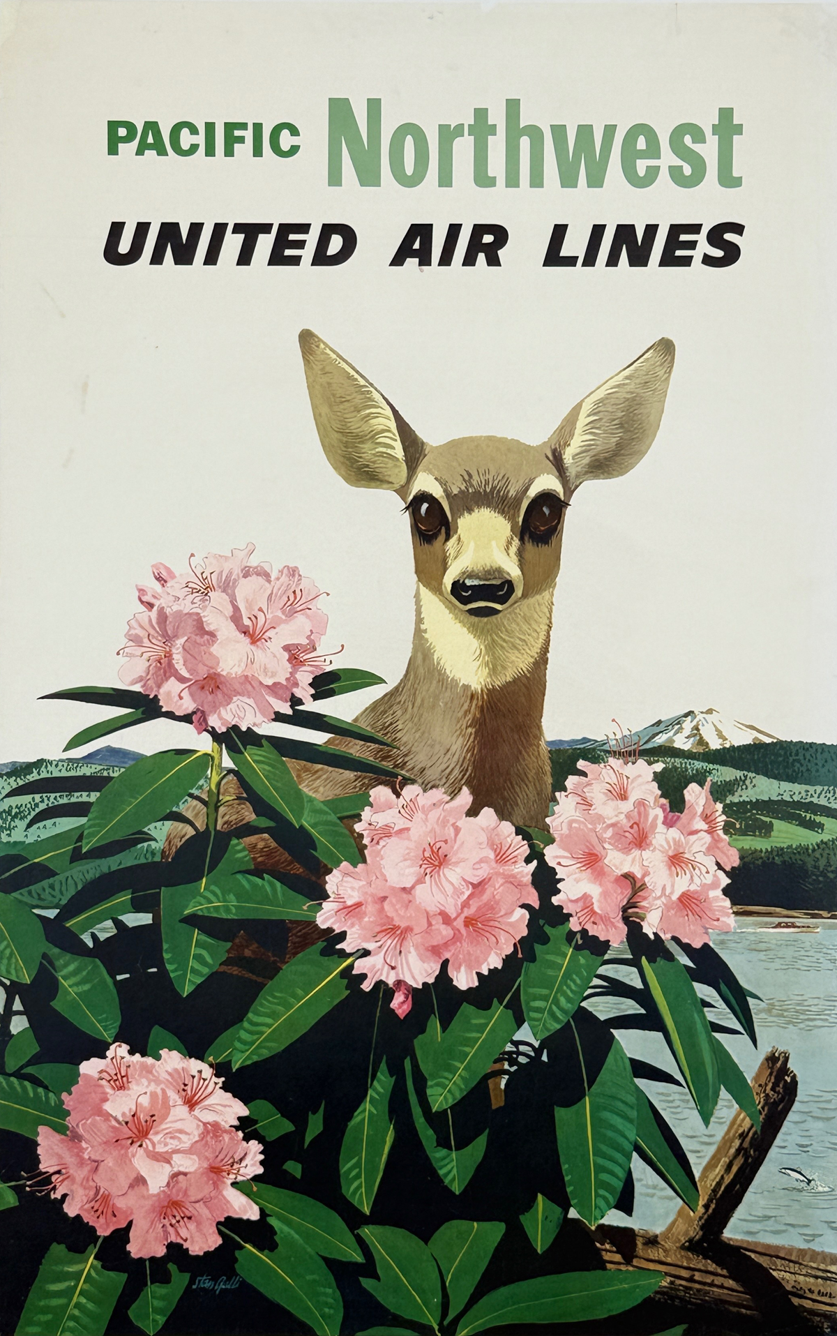 United Air Lines Pacific Northwest Poster by Stan Galli Original 1960 Vintage American Lithograph Passenger Plane Advertisement Linen Backed.