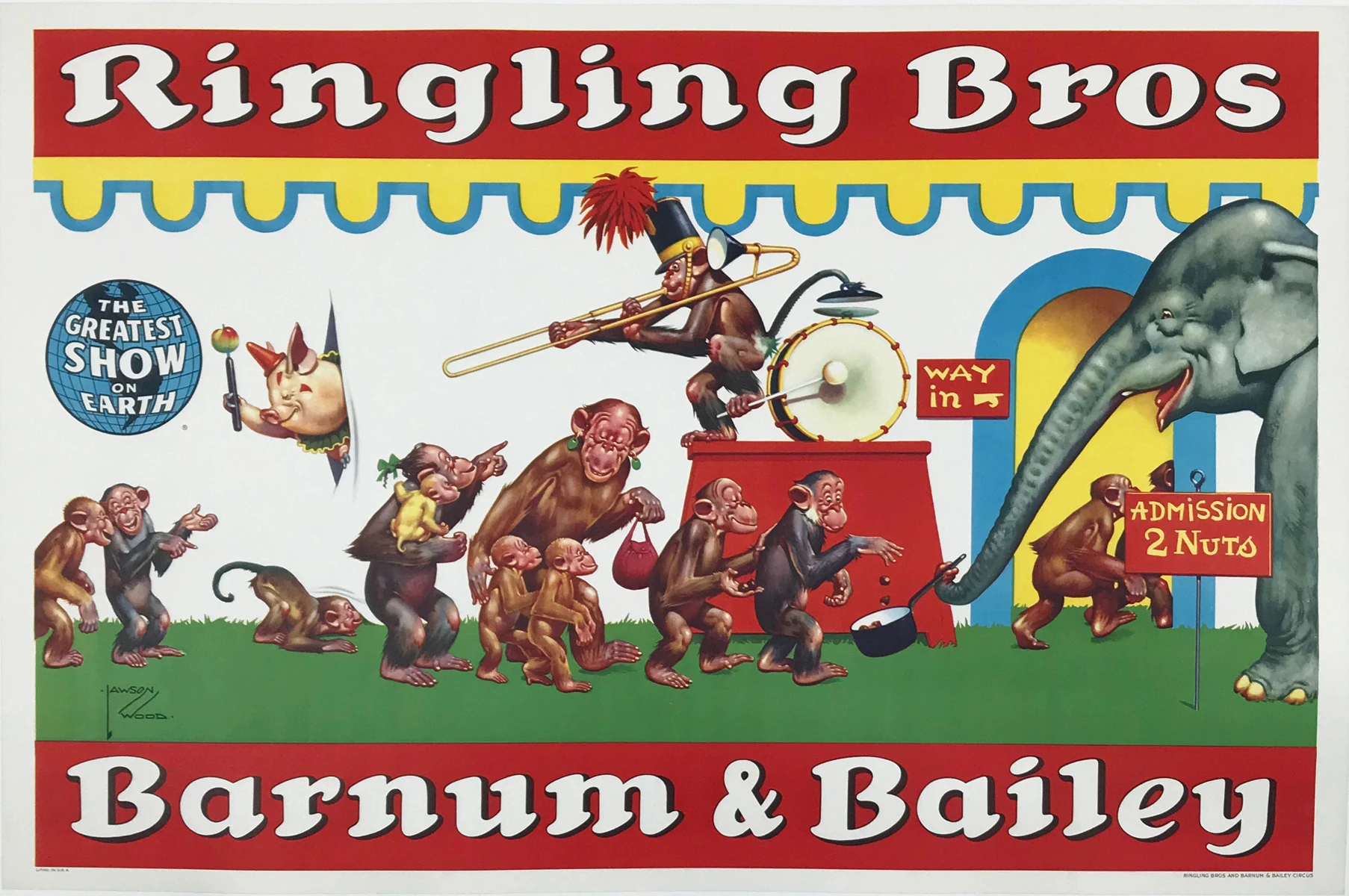 Ringling Bros - Barnum & Bailey Circus Admission 2 Nuts Poster by Lawson Wood Original 1943 Vintage American Lithograph Advertisement Linen Backed.