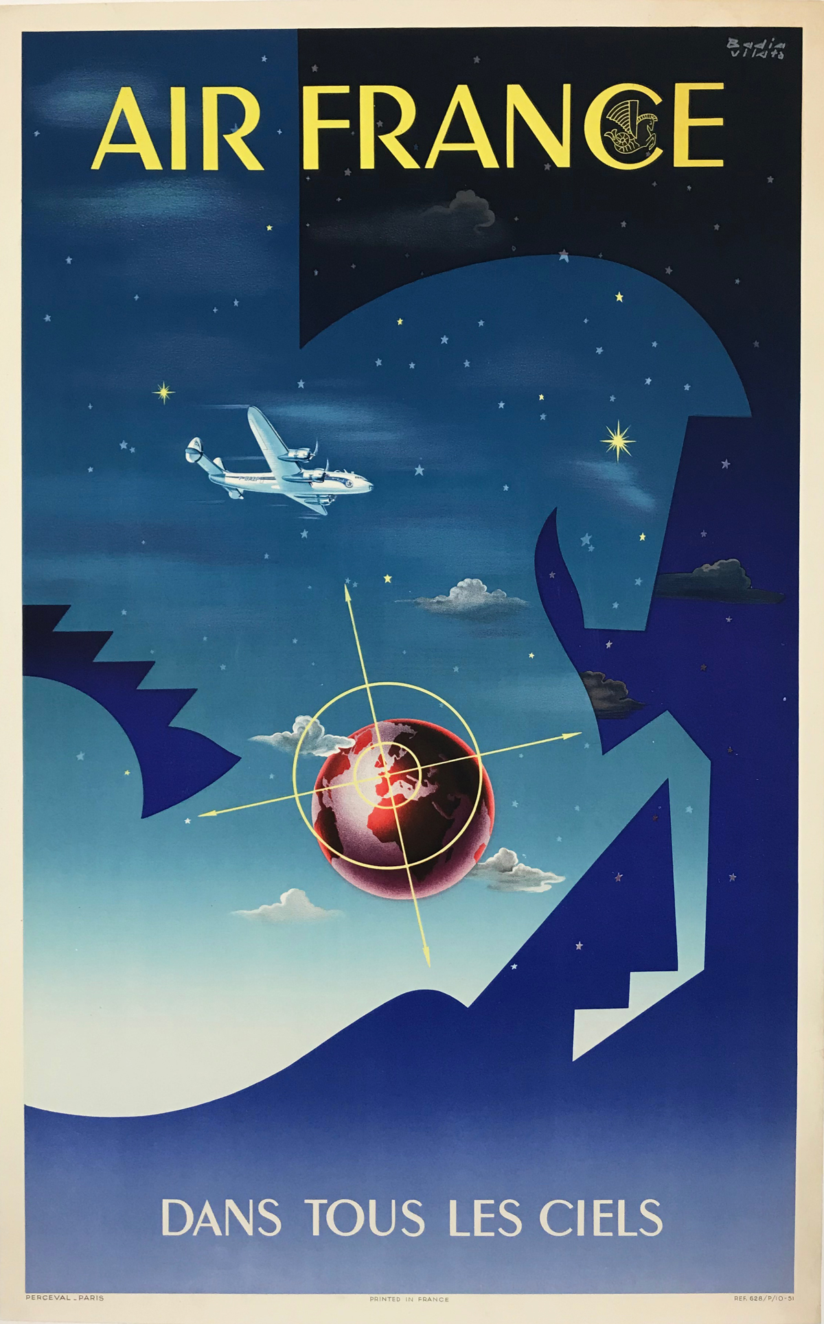 Air France Dans Tous Les Ciels by Badia Vilato Original 1951 Vintage French Passenger Plane Advertisement Lithograph Poster Linen Backed.