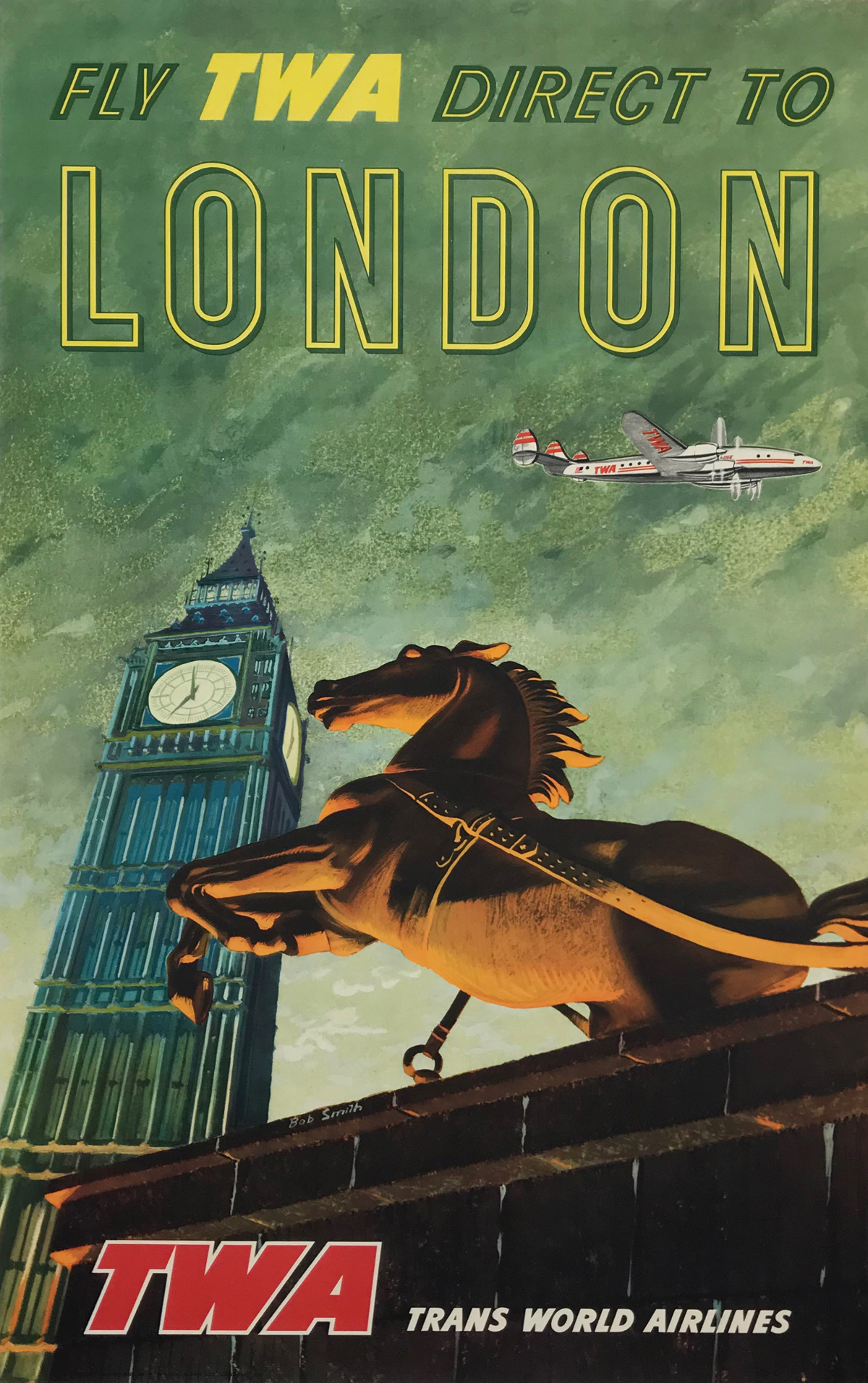 Fly TWA Direct To London by Bob Smith Original 1950 Vintage American Passenger Plane Travel Advertisement Lithograph Poster Linen Backed. Lockheed Constellation