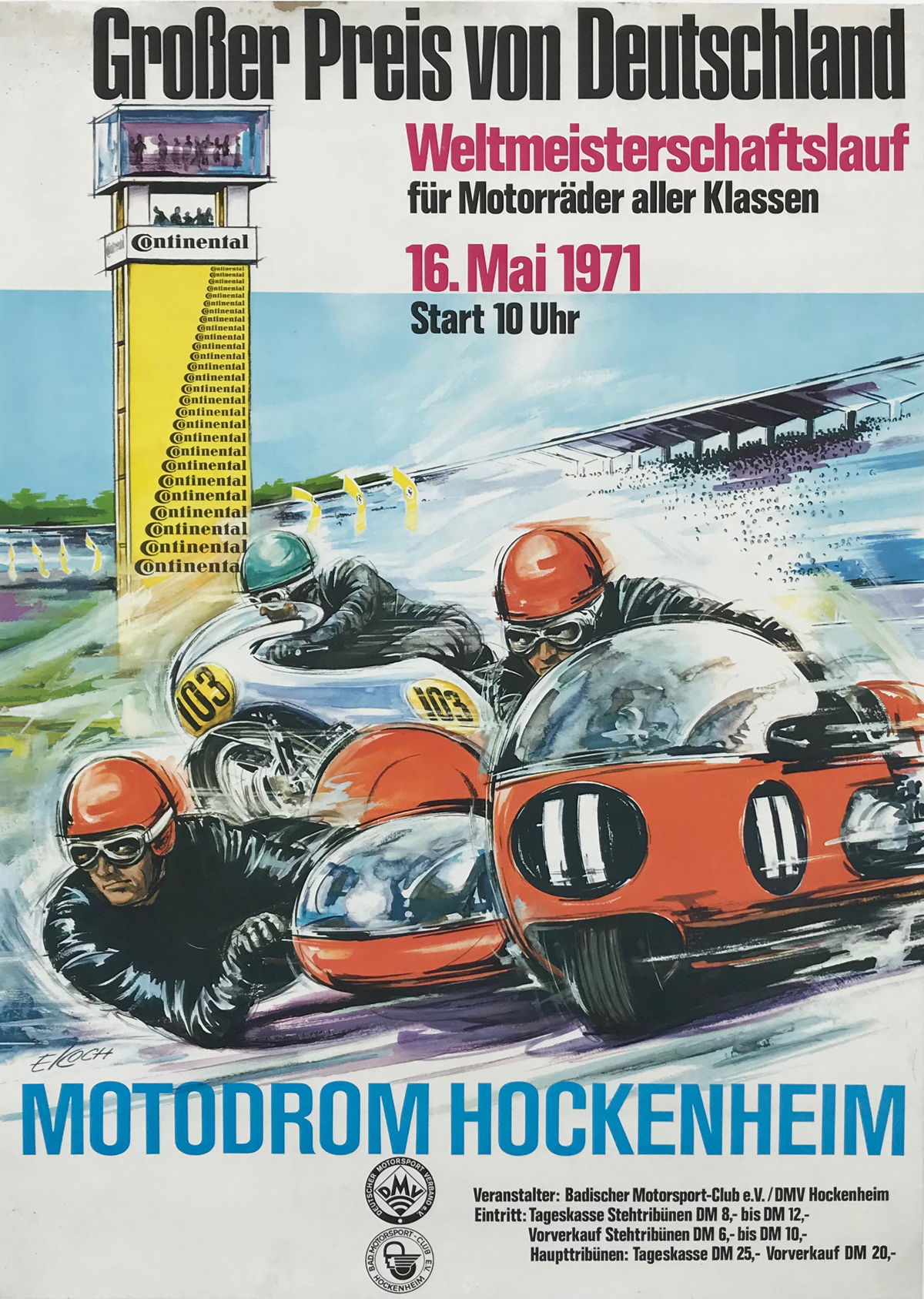 Motodrom Hockenheim Poster By E. Koch Original 1971 Vintage German Motorcycle Race Track Advertisement Lithograph Linen Backed. BMW Ducati