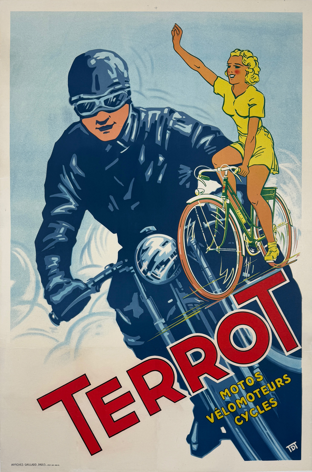 Terrot Motos Cycles Poster by V. Dumay Original 1952 Vintage French Motorbike Company Stone Lithograph Advertisement Linen Backed.