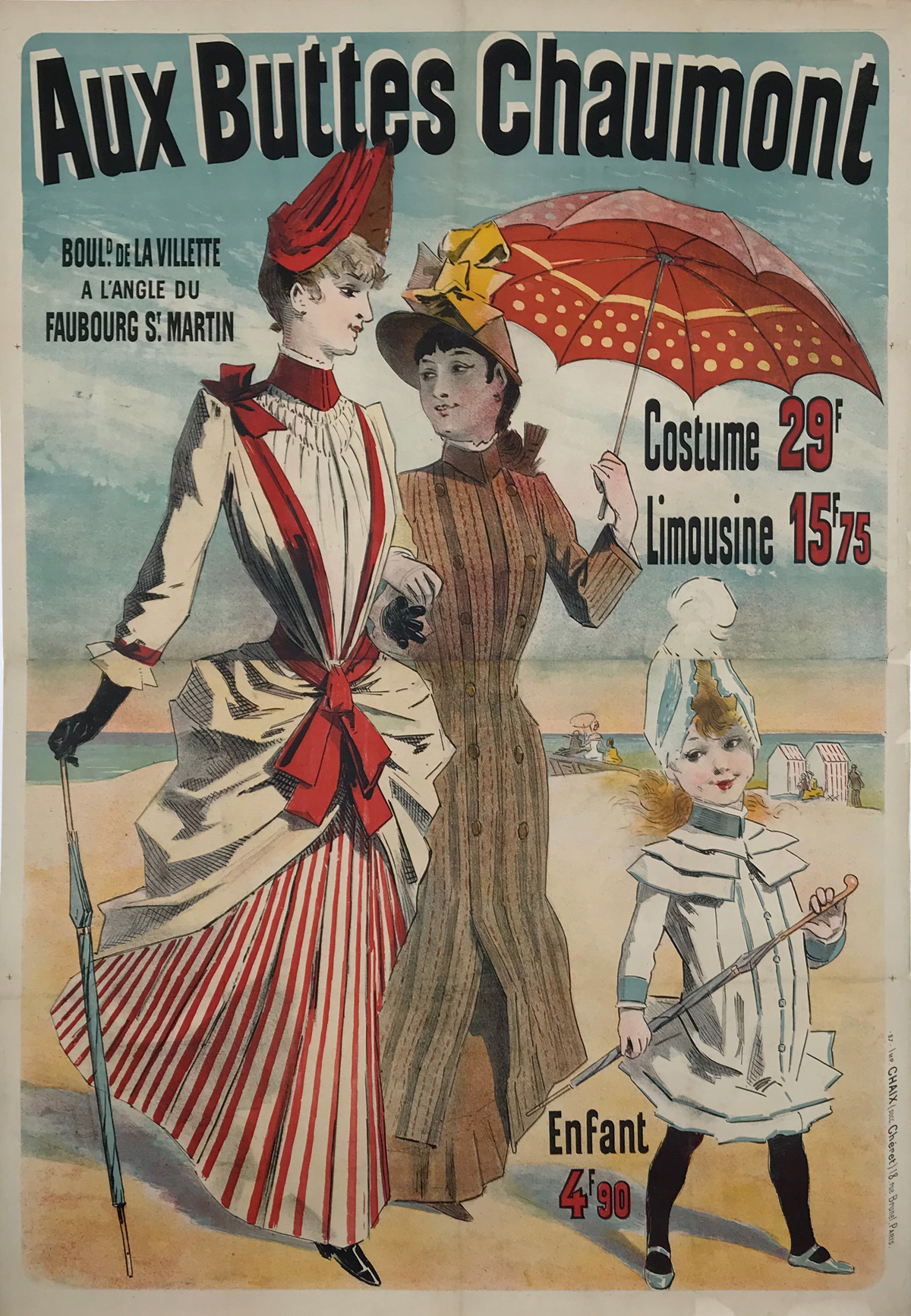 Aux Buttes Chaumont Poster By Jules Cheret Original 1887 Vintage French Department Store Stone Lithograph Advertisement Linen Backed.