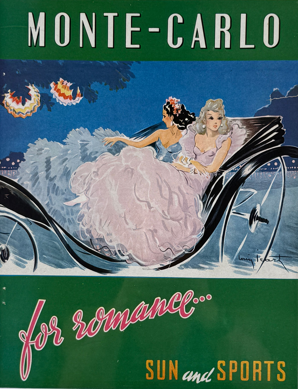 Monte Carlo For Romance, Sun & Sports Poster By Louis Icart Original 1930s Vintage French Travel Brochure Front Cover Stone Lithograph Advertisement Linen Backed.
