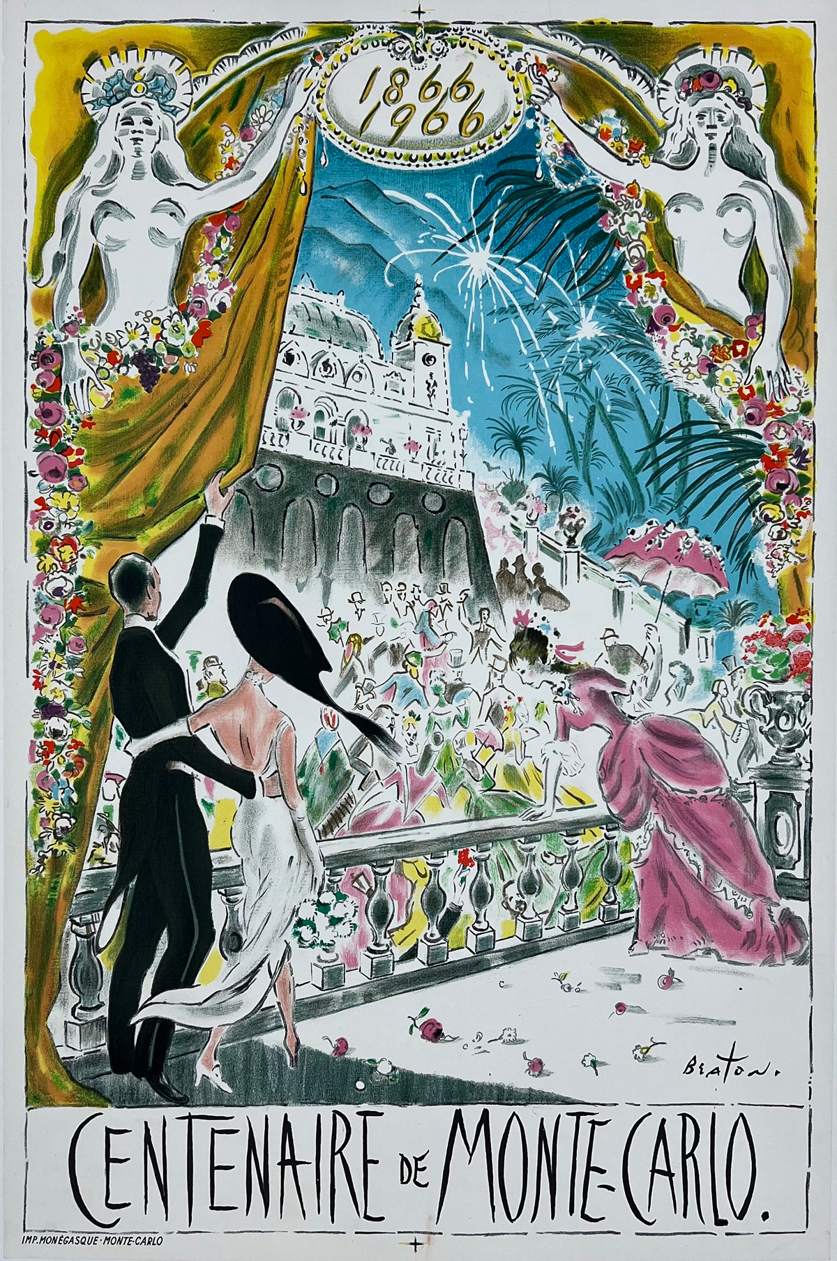 Centenaire De Monte Carlo Poster by Cecil Beaton Original 1966 Vintage French Travel Lithograph Advertisement Linen Backed.