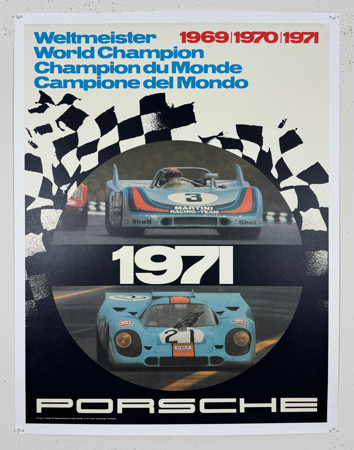 Porsche 1971 World Champion Poster Photo by Reichert Original 1971 Vintage German Strenger Printing Car Racing Promotional Lithograph Advertisement Linen Backed.