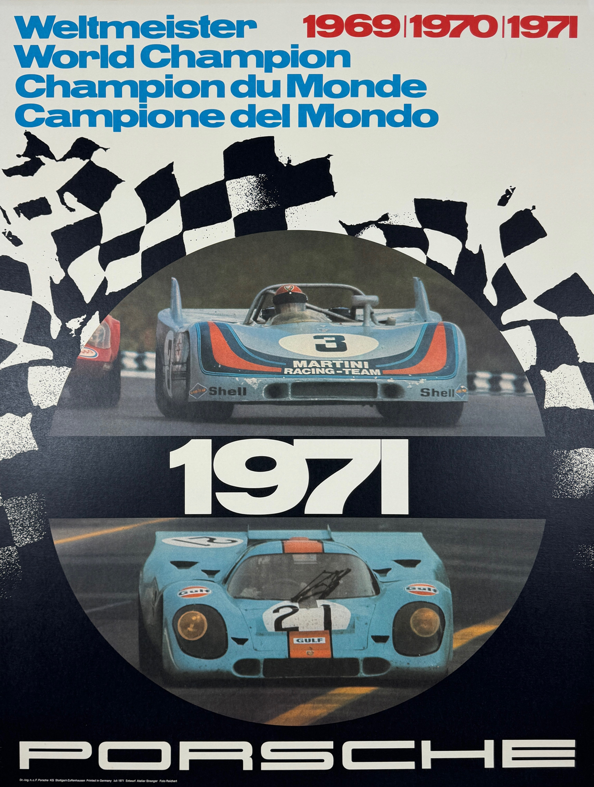 Porsche 1971 World Champion Poster Photo by Reichert Original 1971 Vintage German Strenger Printing Car Racing Promotional Lithograph Advertisement Linen Backed.