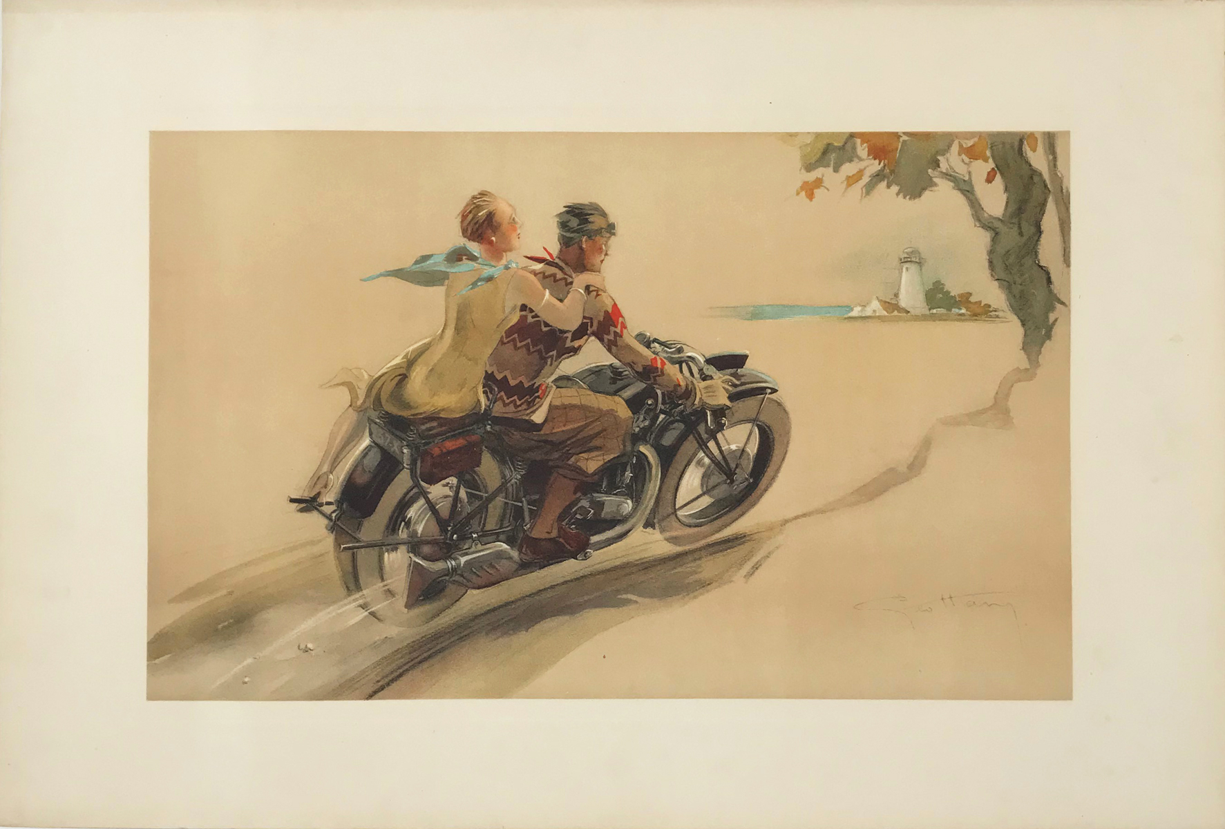 Couple A Moto La Balade Poster By Geo Ham Original 1930 Vintage French Decorative Panel Stone Lithograph.