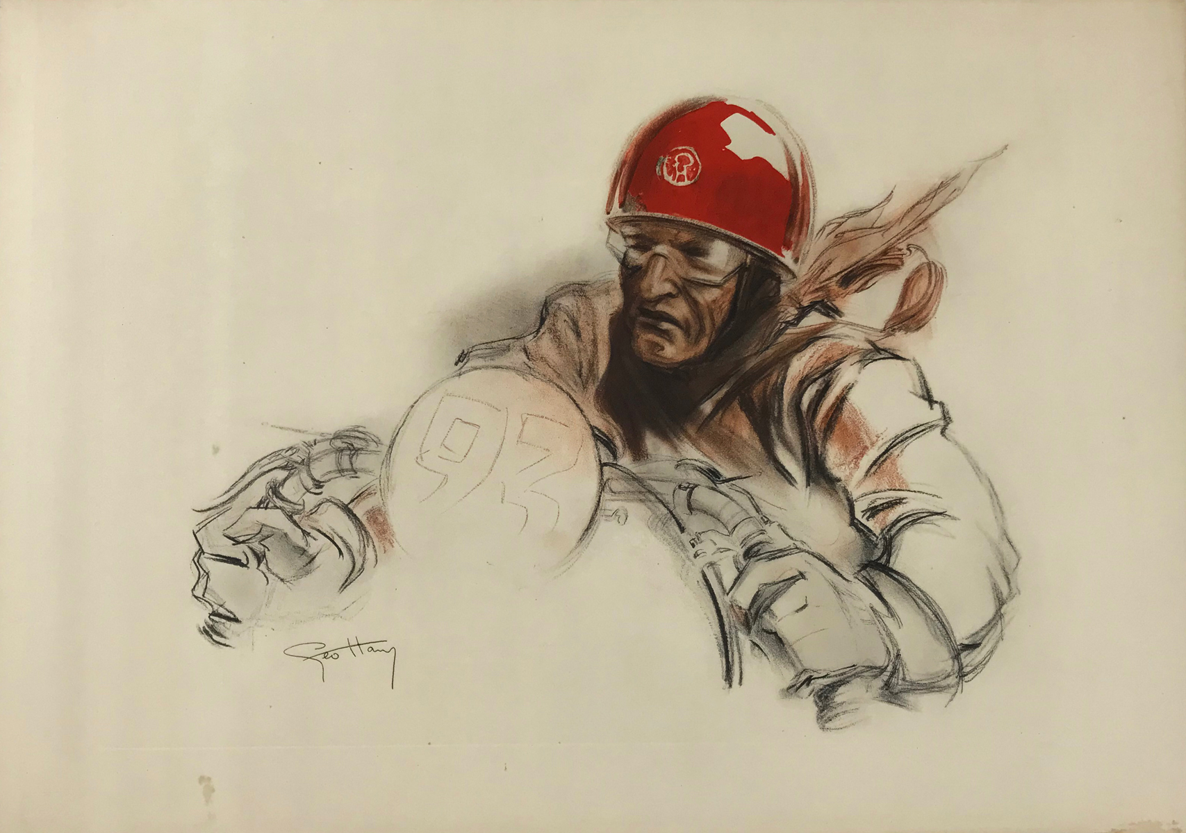 Pilote Moto Casque Rouge By Geo Ham Original 1930 Vintage French Chromo Lithograph Engraving.