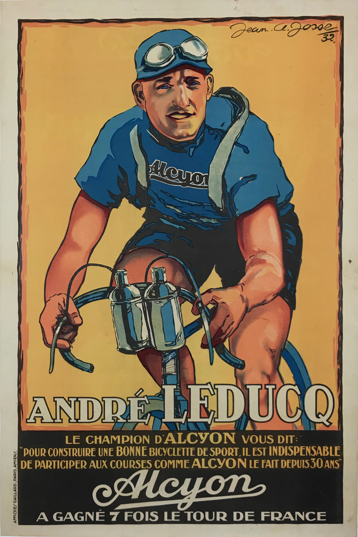 Andre Leducq Le Champion D'Alcyon Cycles  by Jean Alexander Josse Original 1932 Vintage French Bicycle Company Advertisement Poster Linen Backed.
Andre Le Duc Was a Three Time Tour de France Winner.