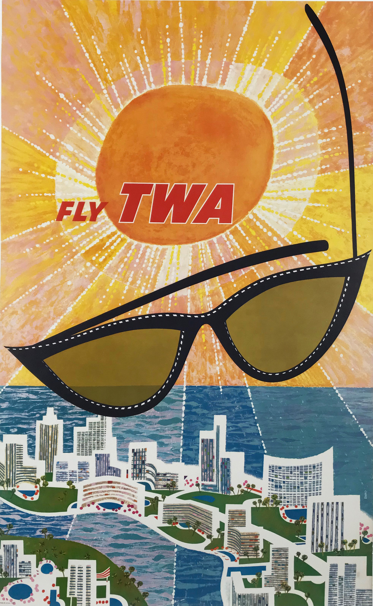 Fly TWA Miami Florida by David Klein Original 1960 Vintage American Passenger Plane Travel Advertisement Plate Lithograph Poster Linen Backed.