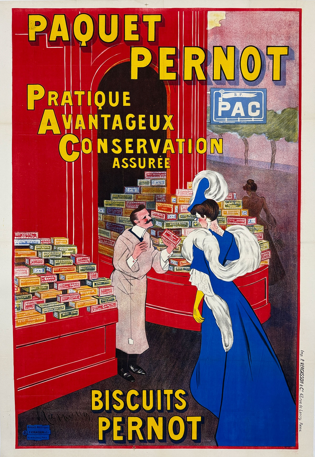 Paquet Pernot Biscuits Poster By Leonetto Cappiello Original 1910 Vintage French Packaged Food Company Stone Lithograph Advertisement Linen Backed.
