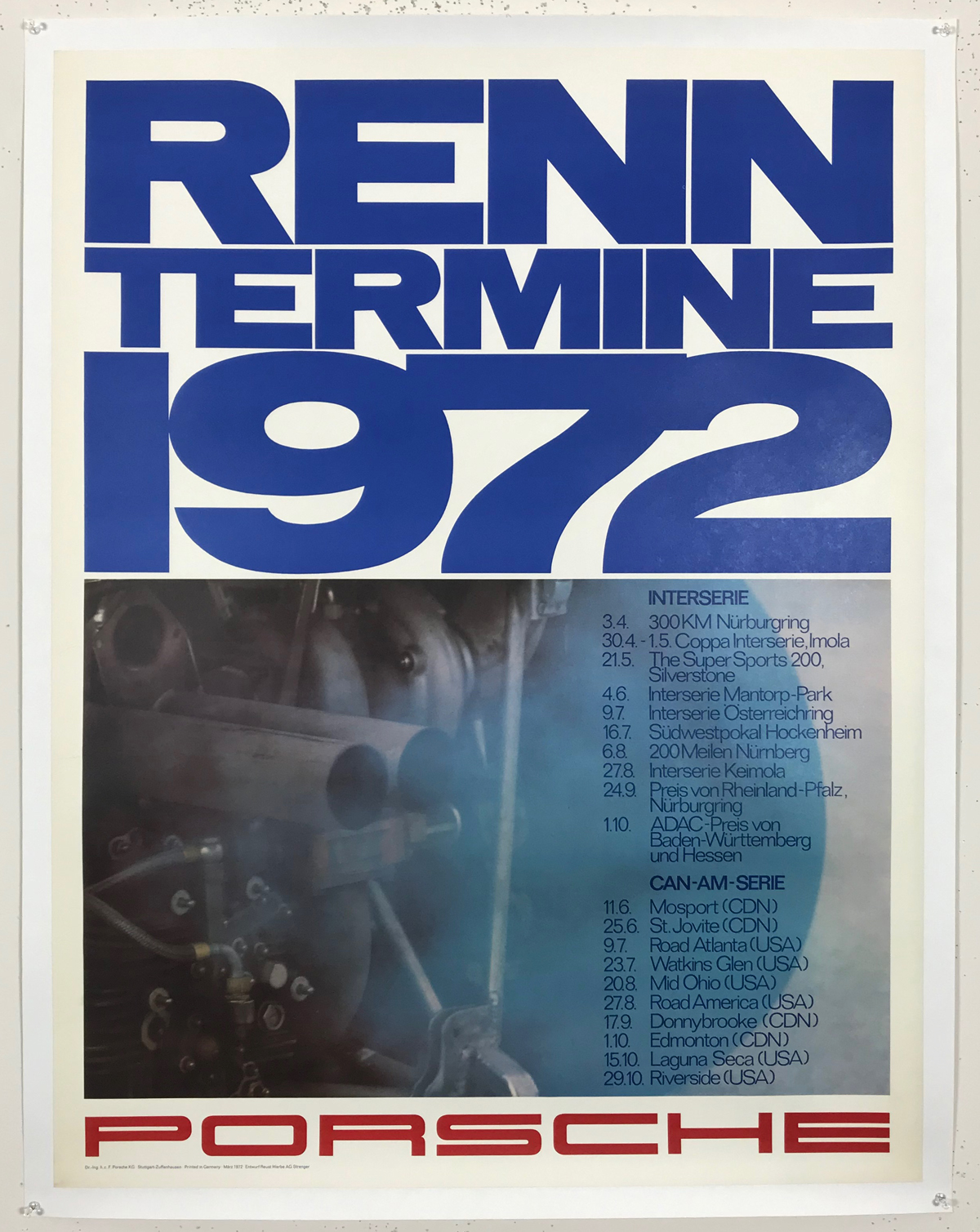 Porsche Renn Termine 1972 Poster Original Vintage German Strenger Studio Car Racing Promotional Lithograph Advertisement Linen Backed.