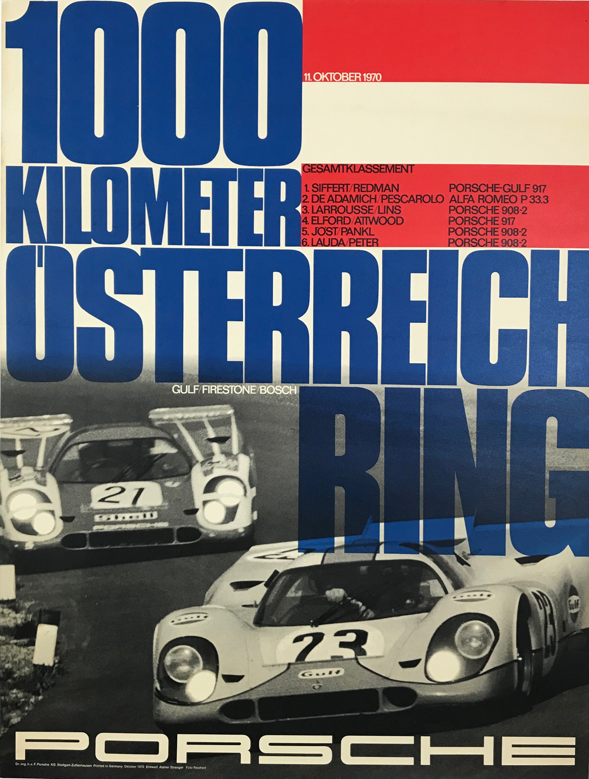 Porsche 1000 Kilometer Osterreich Ring Poster By Reichert Original 1970 Vintage German Strenger Printing Car Racing  Promotional Lithograph Advertisement Linen Backed.