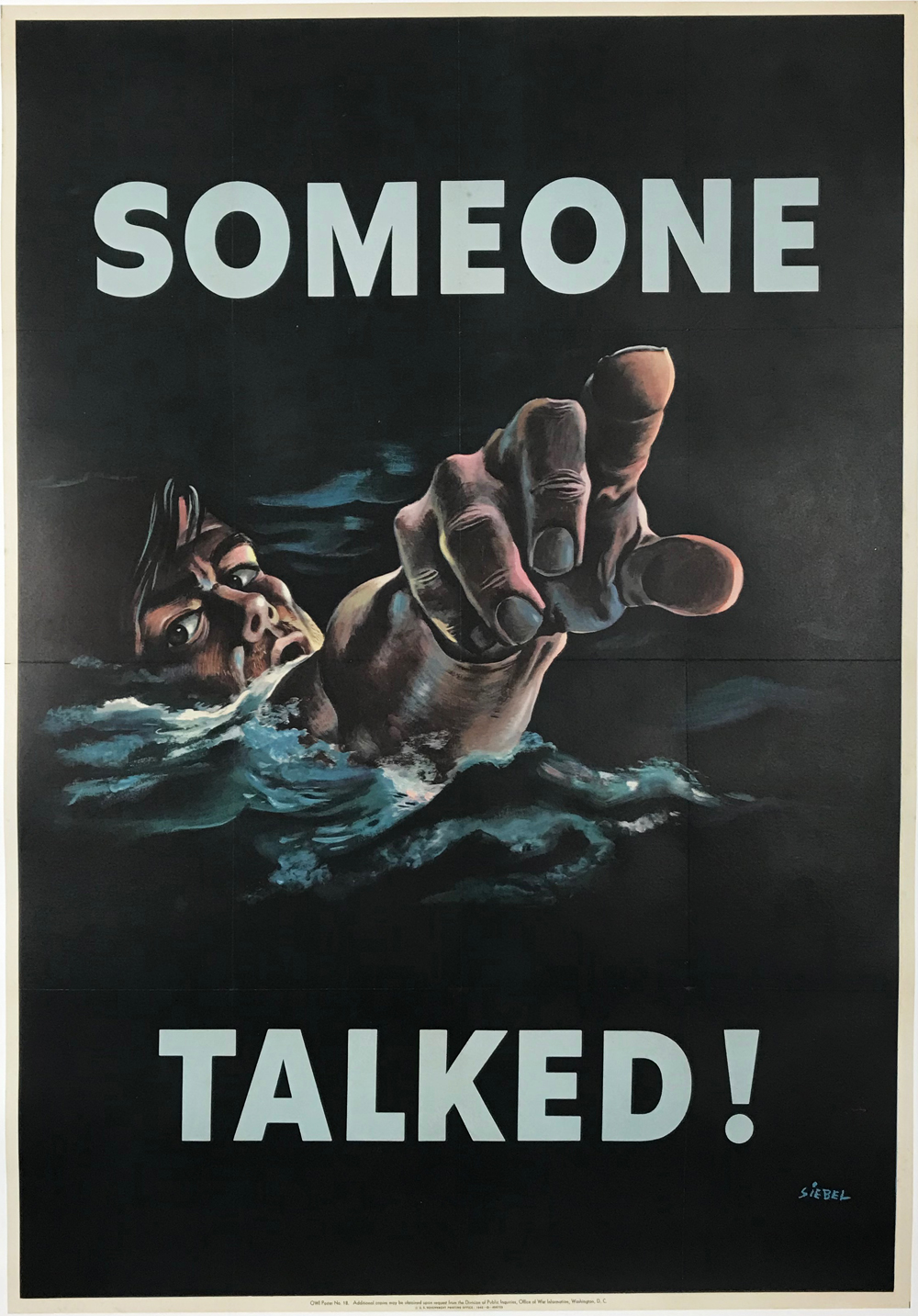 Someone Talked Drowning Man Poster by Frederick Siebel Original 1942 Vintage American Lithograph War Propaganda Advertisement Linen Backed.