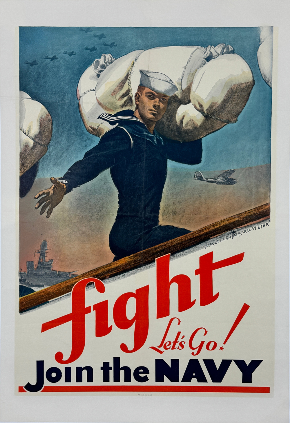 Fight Let's Go! Join The Navy Poster By McClelland Barclay Original 1942 American Lithograph War Recruitment Advertisement Linen Backed.